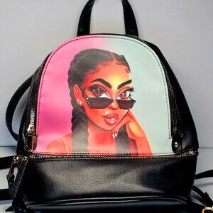 Mini Backpack African Girl with Sunglasses- Shoulder Strap Black